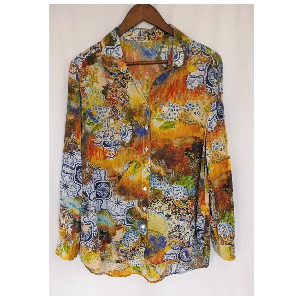 Tianello 100% Silk Garment Dyed Blouse Roll Tab Sleeve Tile Print Sz M Button Up